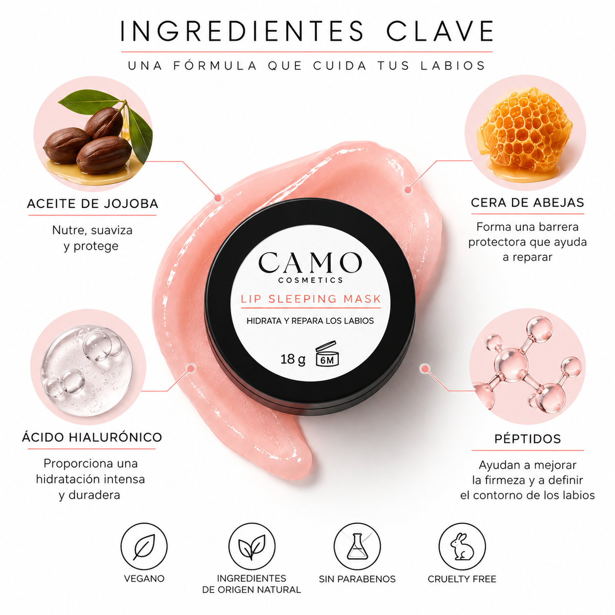 CAMO Lip Sleeping Mask · Mascarilla de labios con karité, ácido hialurónico y péptidos 18gr - Detalle 3