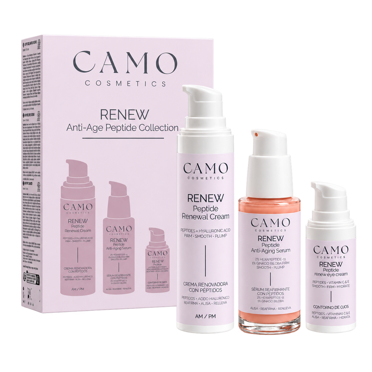 CAMO RENEW – Pack Antiedad con Péptidos: Sérum, Contorno de Ojos y Crema Facial AM/PM - Detalle 1